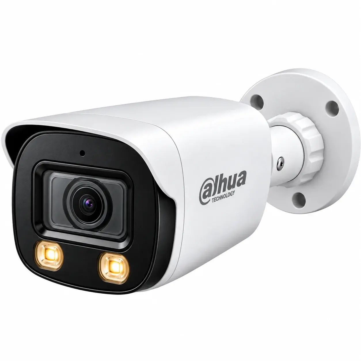 Dahua white bullet camera with two warm-light LEDs on a wall bracket