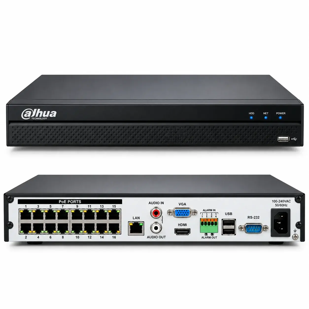 Dahua 16-port PoE NVR, front and rear