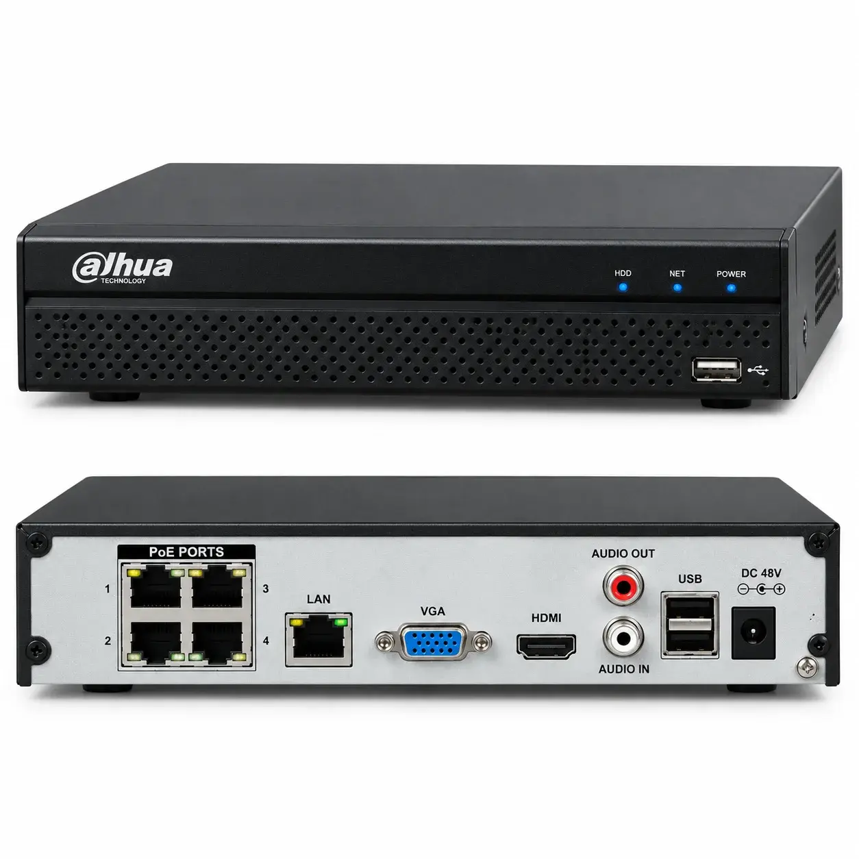 Compact Dahua 4-port PoE NVR, front and rear