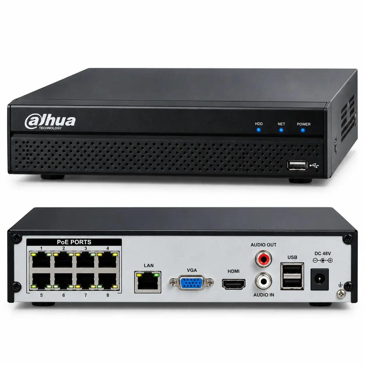 Compact Dahua 8-port PoE NVR, front and rear