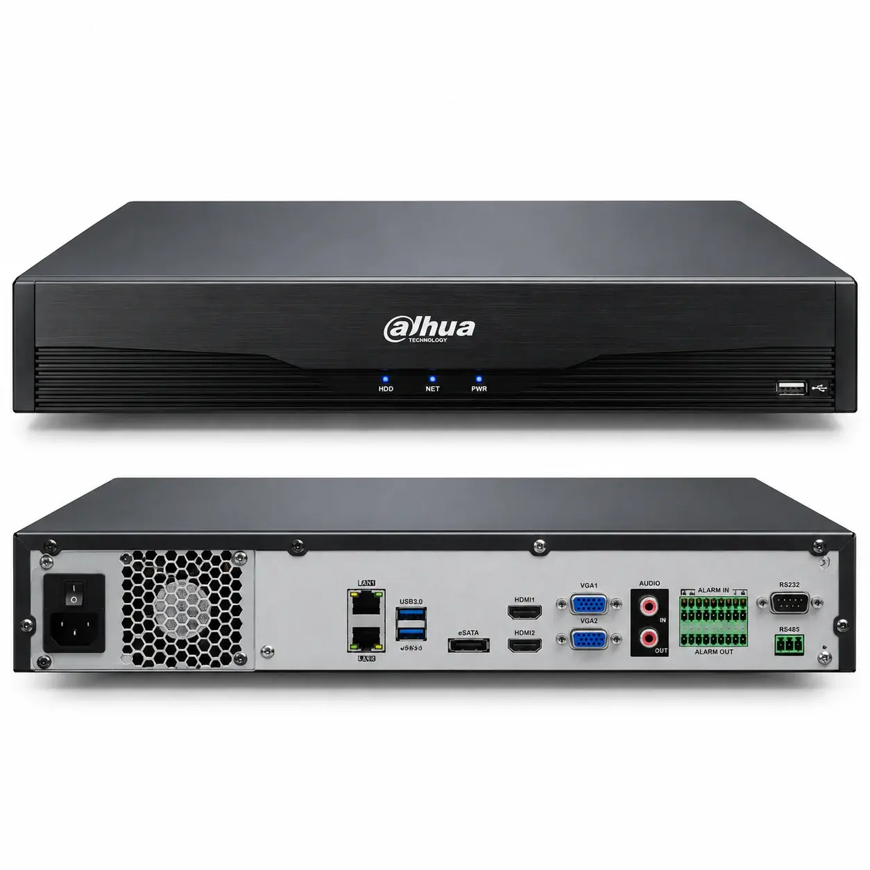 Dahua network video recorder, front panel and rear connections