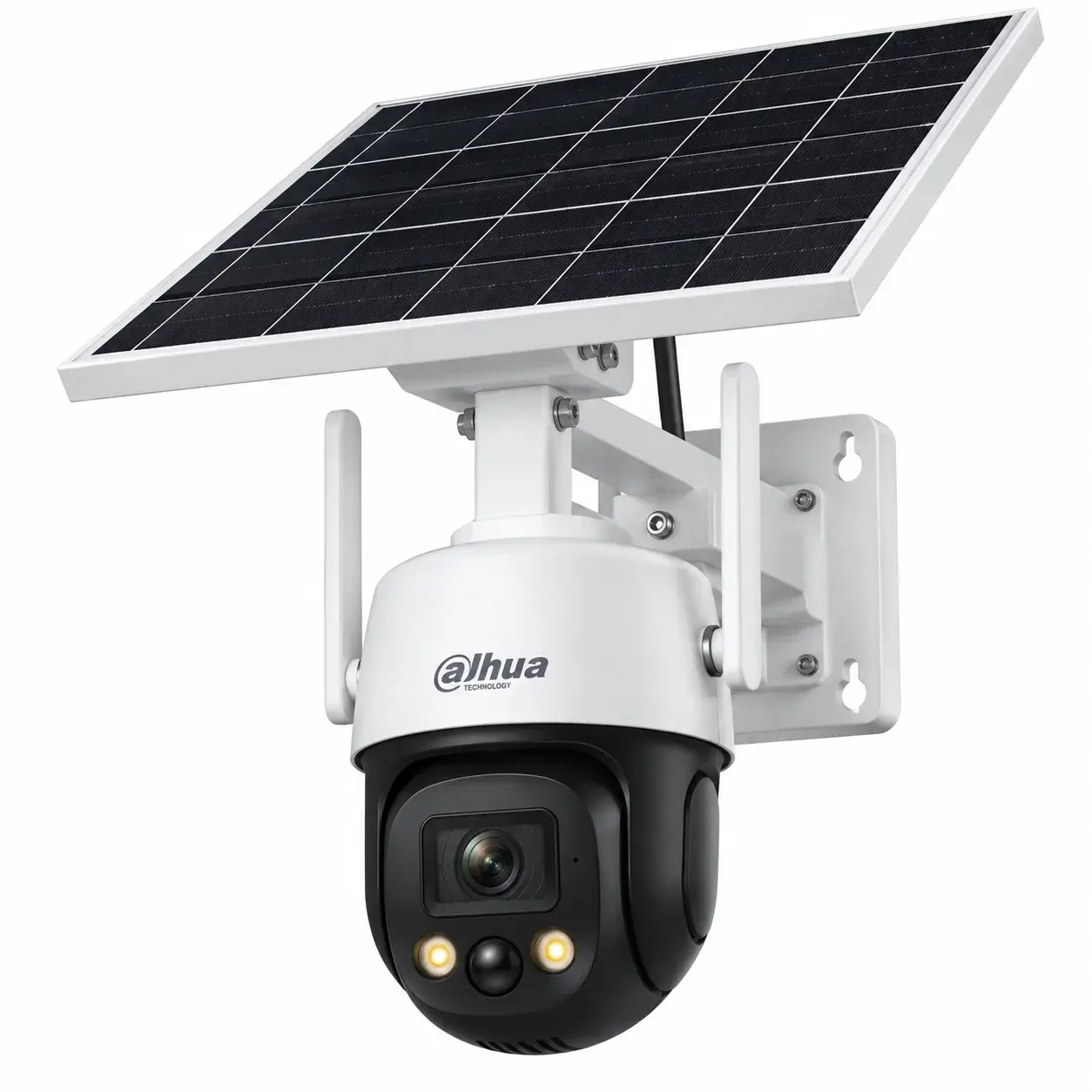Dahua solar-powered PTZ camera with solar panel, antennas and wall bracket