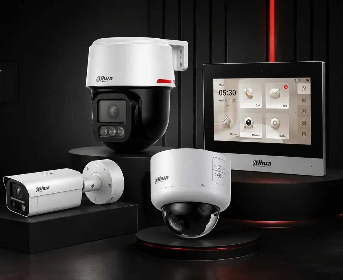 Dahua PTZ, bullet and dome cameras with a video intercom monitor